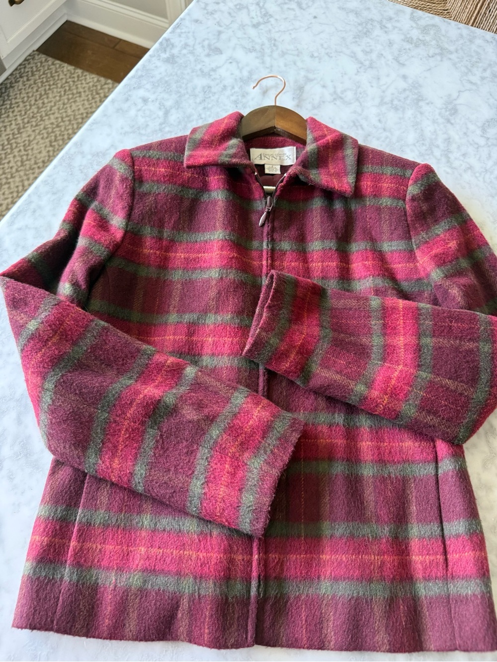 Casual Corner Annex Plaid Wool Blend Zip Jacket Burgundy Size 2